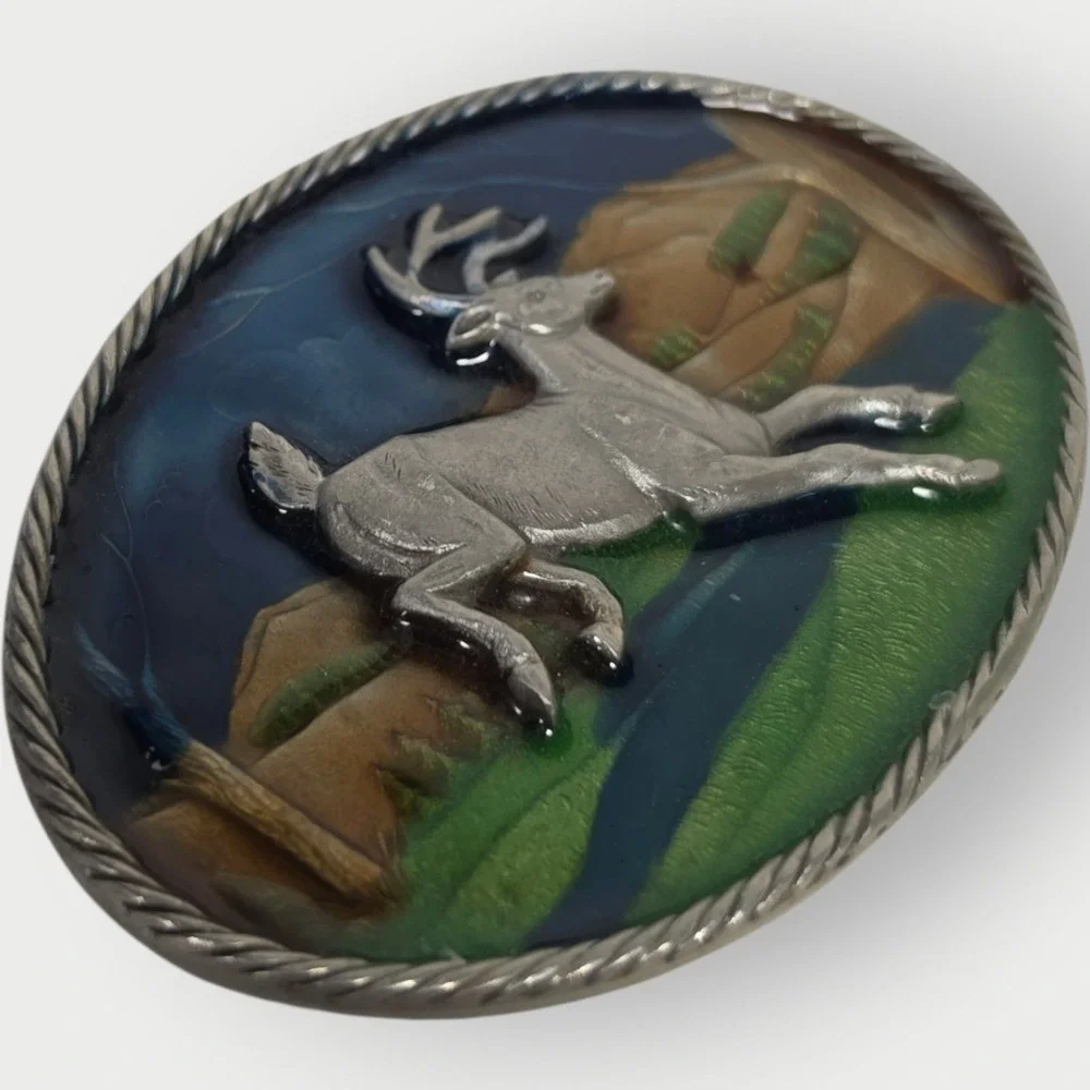 Vintage 1980 Great American Buckle Co‎ Jumping Deer Enamel Belt Buckle H472